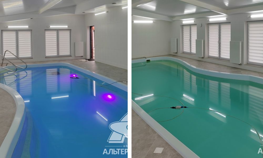 Бассейн с подсветкой в пристройке дома.