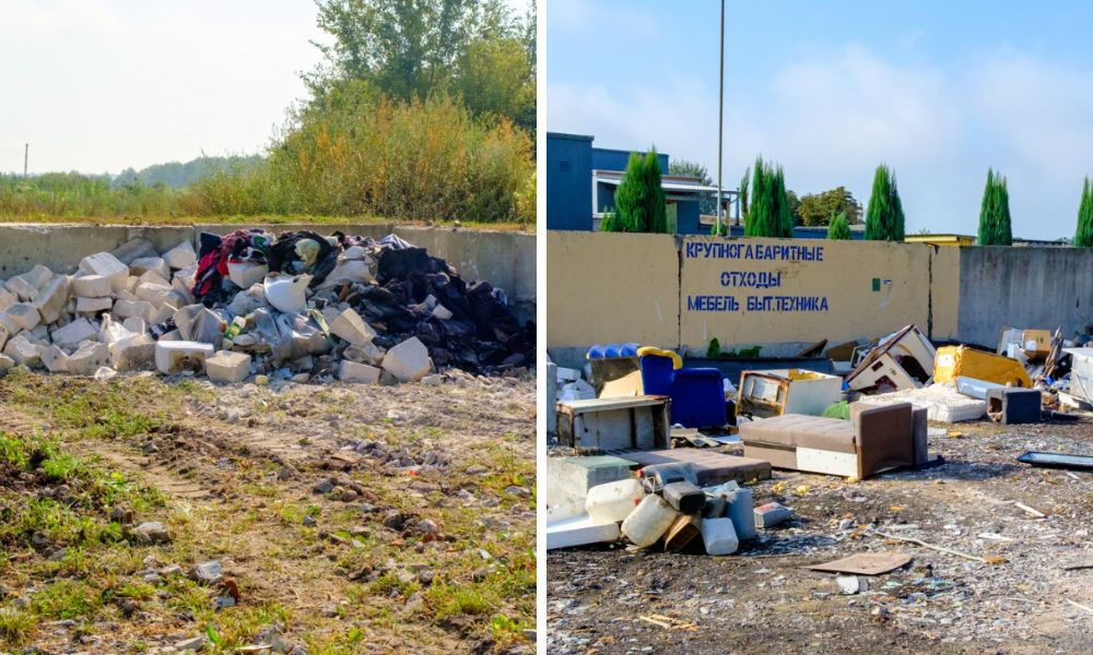 Площадки для крупногабаритного сбора мусора в Березе. Слева — площадка №2 (территория возле пункта передержки животных на ул. Советской), справа — площадка №1 на пересечении ул. Александра Пушкина и ул. Комсомольской. Фото: Bereza.by.