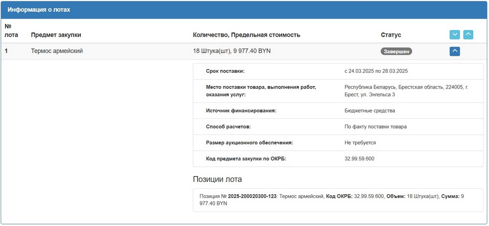 Тендер Брестского горисполкома на армейские термосы. Скриншот сайта госзакупок