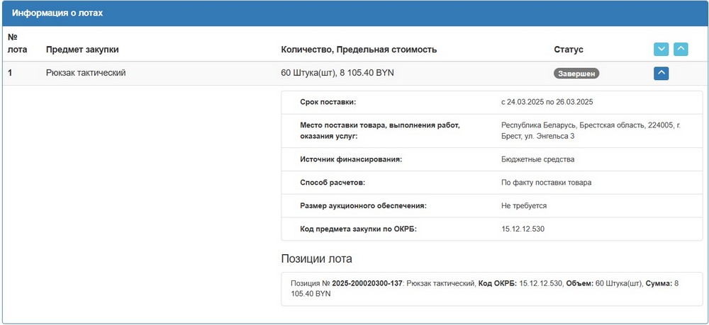 Тендер Брестского горисполкома на тактические рюкзаки. Скриншот сайта госзакупок