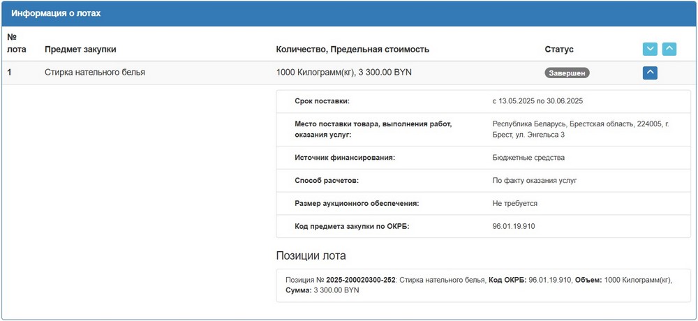 Тендер Брестского горисполкома на стирку нательного белья. Скриншот сайта госзакупок