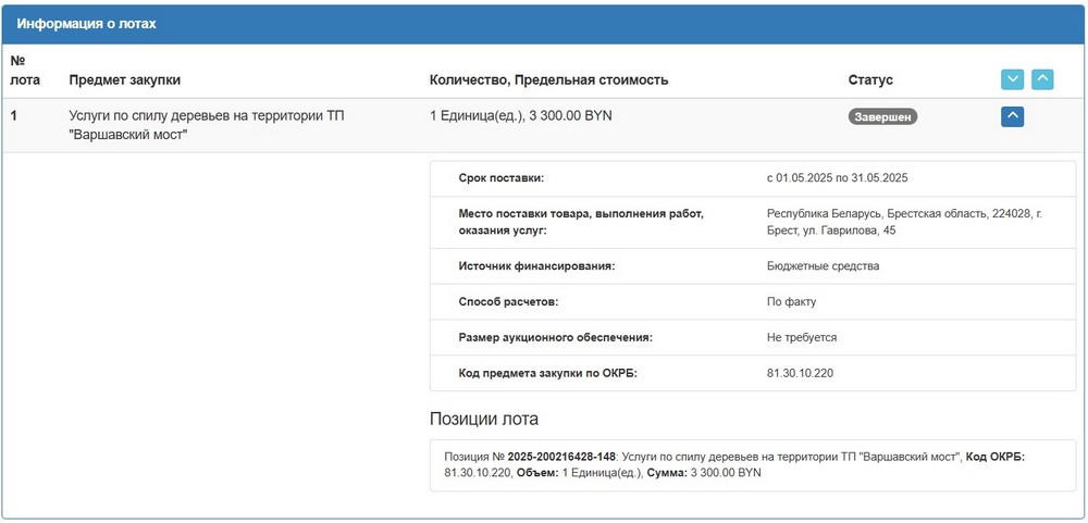 Тендер Брестской таможни на спил деревьев. Скриншот сайта госзакупок