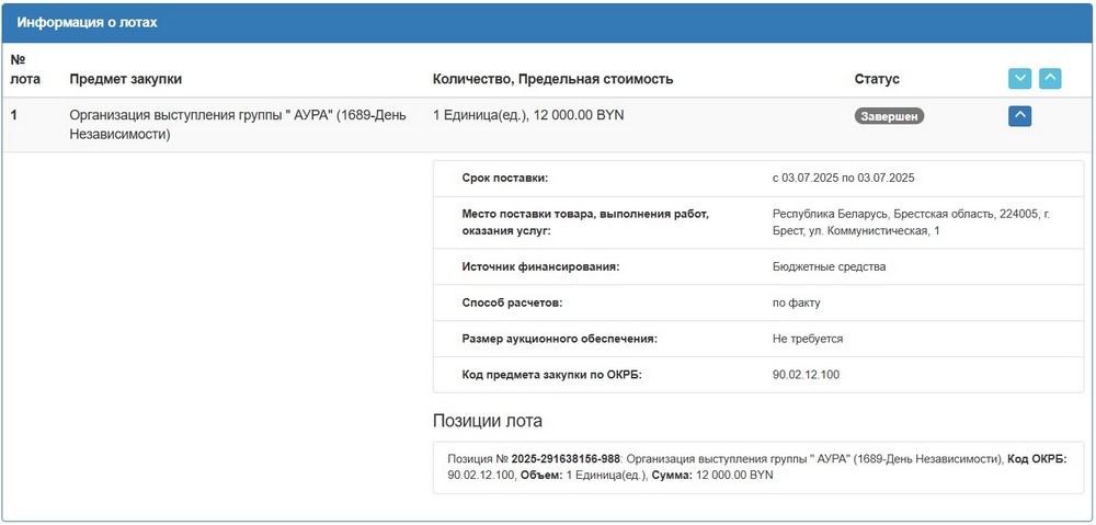 Тендер на выступление группы «Аура» на День независимости в Бресте. Скриншот сайта госзакупок