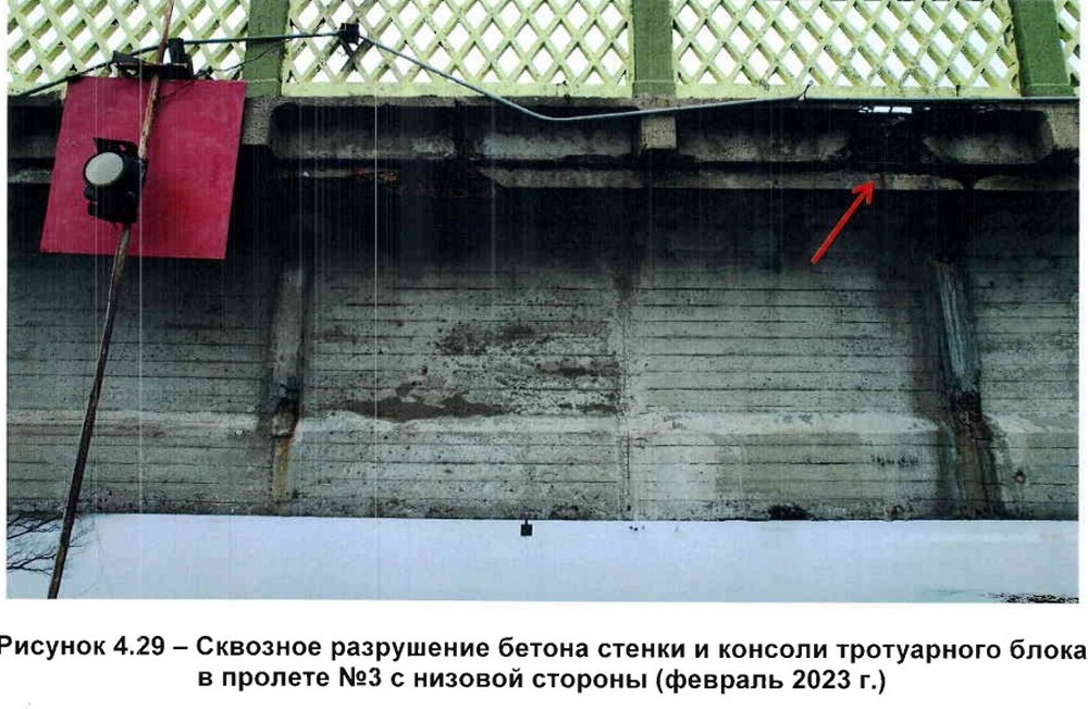 Сквозное разрушение бетона стенки на мосту через Мухавец в Бресте. Фото из отчета «БелдорНИИ»
