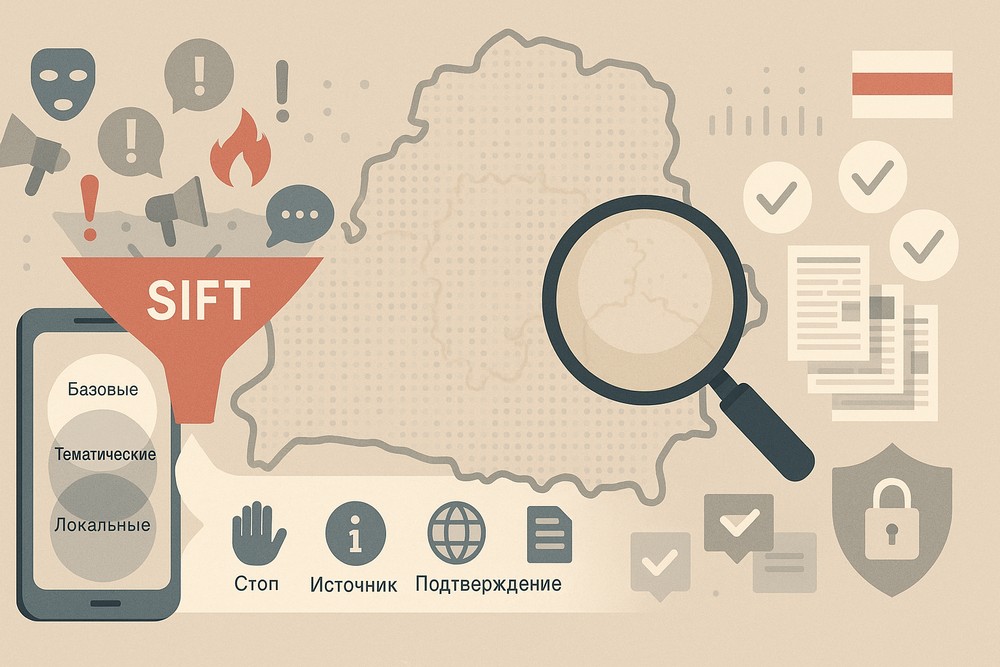 Инфографика по медиагигиене: фильтрация информации через метод SIFT, карта Беларуси и иконки проверки фактов.
